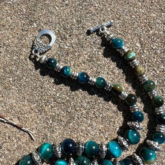 Blue Tigers Eye and Silver Necklace and Earrings Set Handmade - Picture 14 of 16